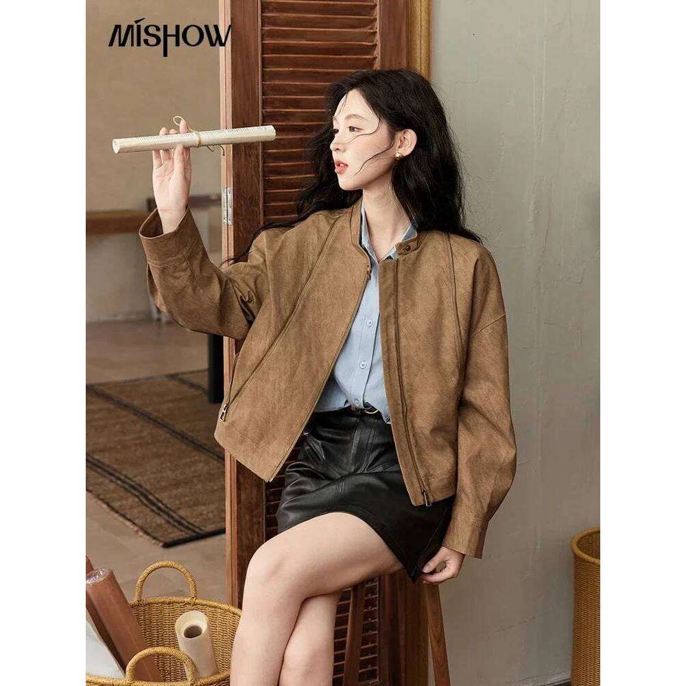 MISHOW Suede Short Jacket for Women Autumn Stand Collar Versatile Coats Bronze Metal Zipper Loose Top Streetwear MXD46W0483