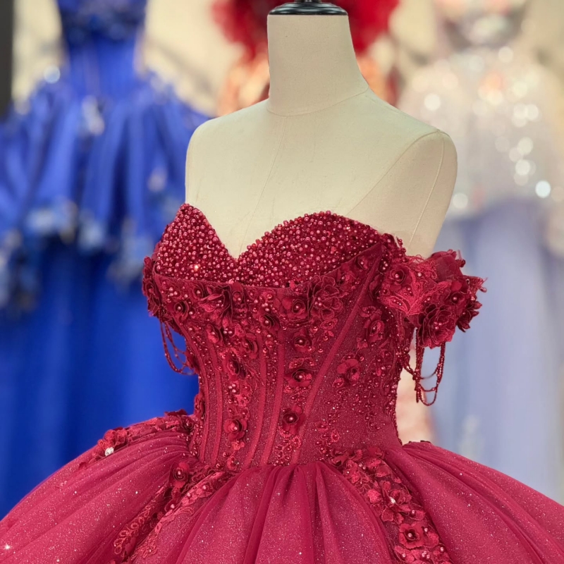 Red Quinceanera Dresses Ball Gown Off The Shoulder Applique Flower Beading Tull Corset Sweet 16 Dress Vestidos 15 De Anos