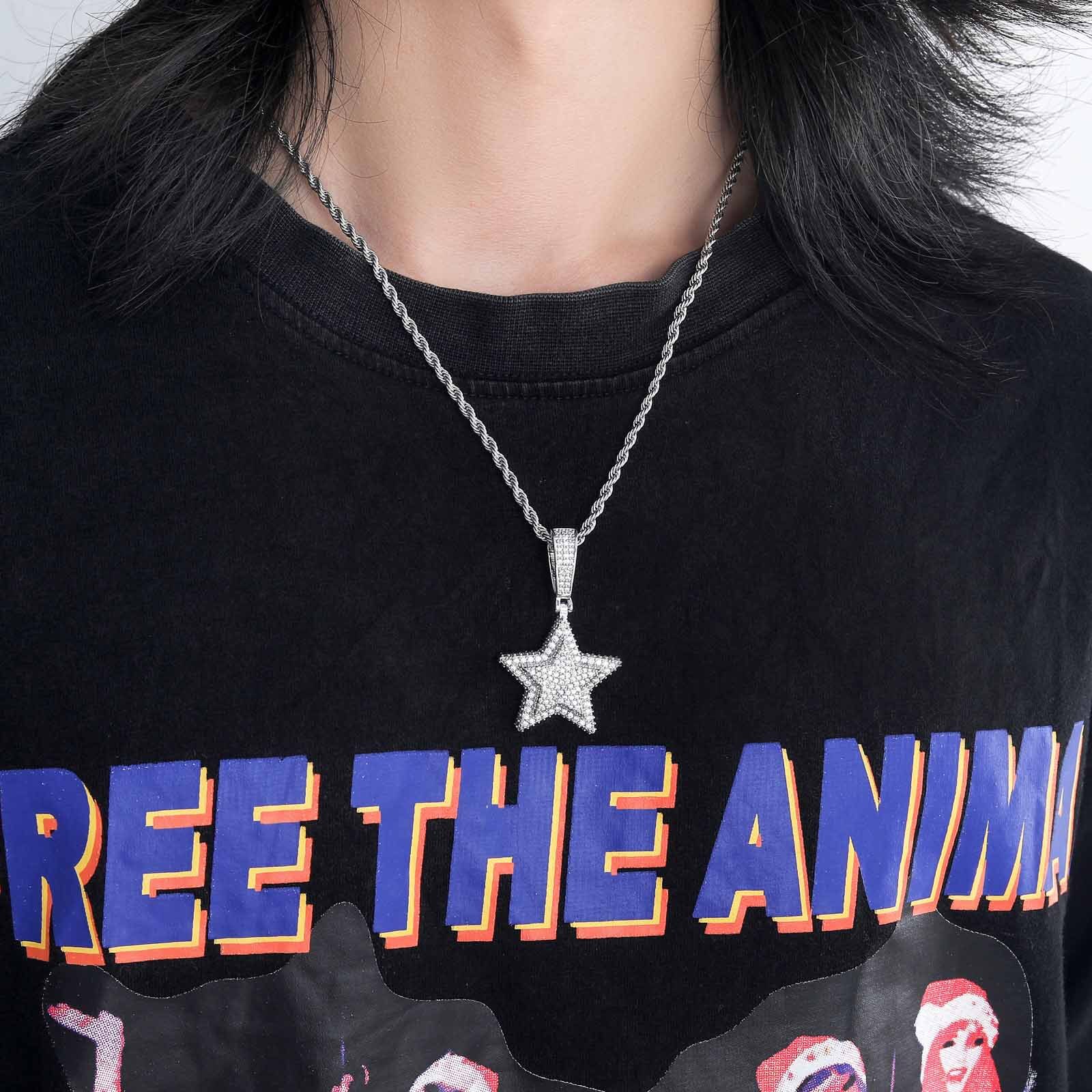 Hip Hop Double Layer Five Pointed Star Pendant Solid Ice Out Bling Unisex Accessory doll necklaces Pass the diamond tester