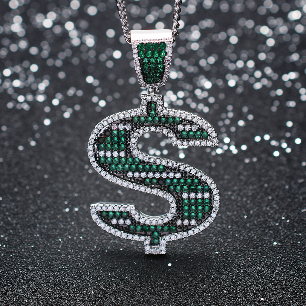 Luxury Moissanite Necklace Hip Hop Green S Dollar Sign Pendant Iced Out Trendy Men Street Punk Jewelry Pass the diamond tester