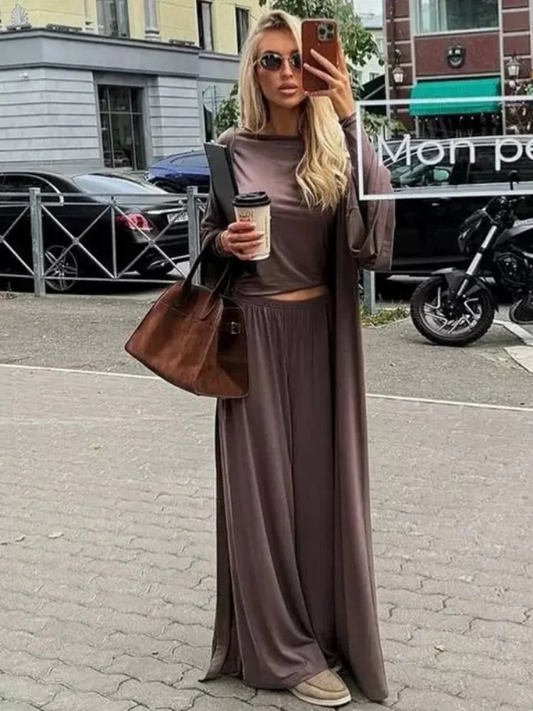 Women Casual Pants Suit Slimfitting Shirt Long Sleeves Floorlength Trousers Threepieces Set 2025 Fashion Loose Street Wear 250616