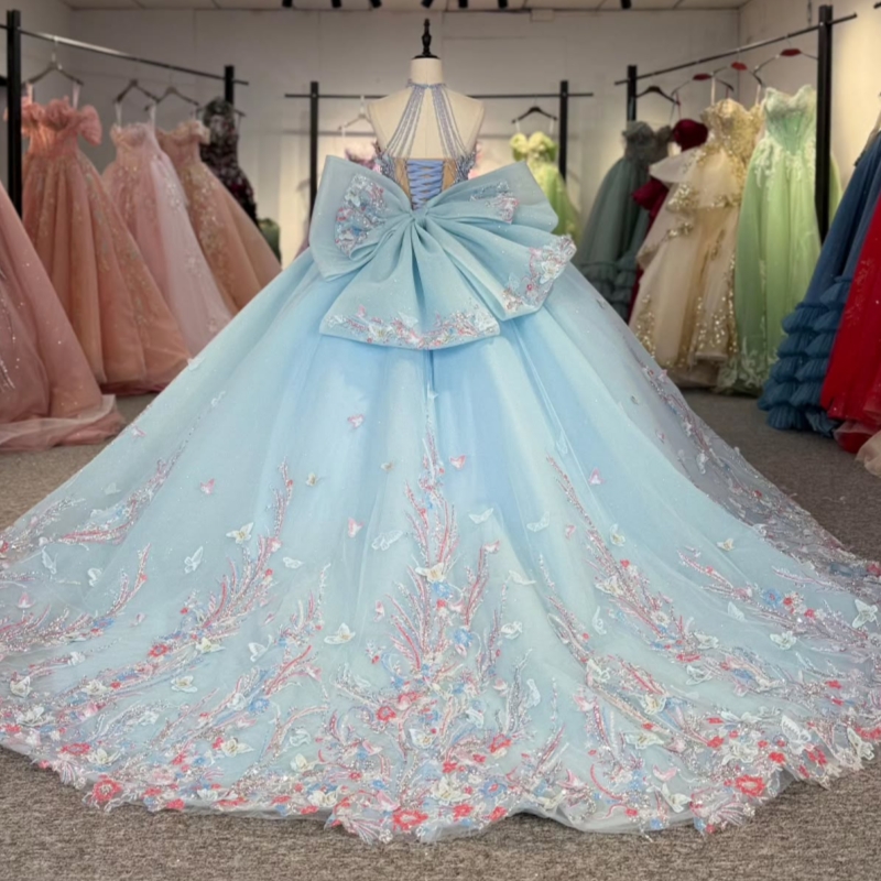 Sky Blue Shiny Quinceanera Dresses Ball Gown Off The Shoulder Applique Bow Beading Crystal Tull Corset Sweet 16 Dress Vestidos 15 Anos