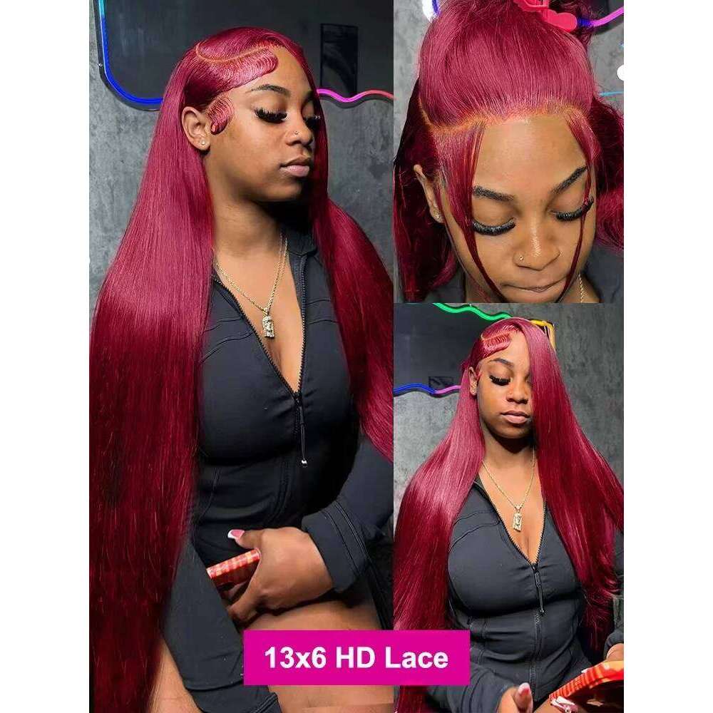 99J Bury Front Human Hair 30 40 Inch 13x6 Straight Frontal Wigs HD Transparent Lace Colored Red Wig For Women