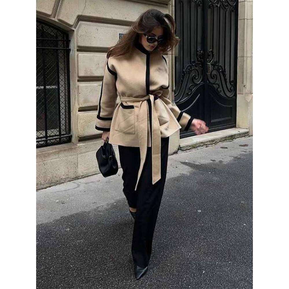 New Spliced Contrast Woolen Coat Women Long Sleeve Thicken Jacket with Belt Pockets 2025 Spring Casual Ladies Commuter Outwear