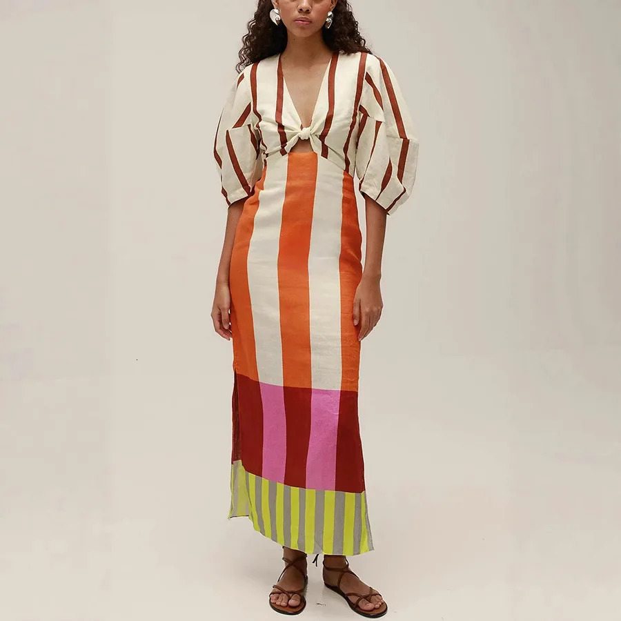 VEITCHE Summer Women Linen Material Long Dresses Fashion Chic Print Sexy Vneck Hollow Out High Waist Party Dress Lady robes 250616