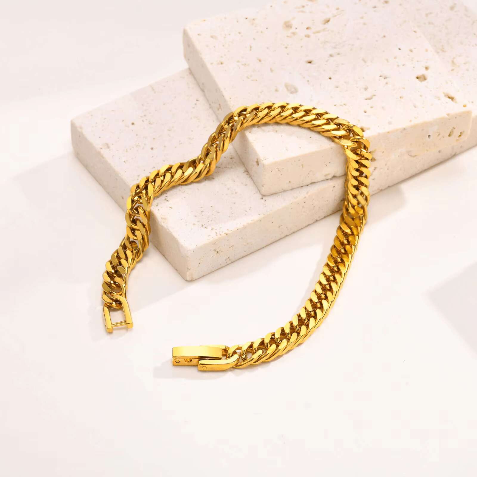 Unisex Stainless Steel Punk Hip Hop Chain Bracelet Double Cuban Link 18K Gold Tone Mens Streetwear Fashion Accessories Mens