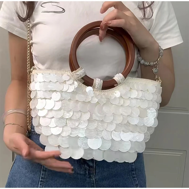 Handmade Pearlescent Shell Handbag Boho Halfmoonshaped Exquisite Purse With Chain Crossbody Bag Summer Round Handles Beach Bag 250624