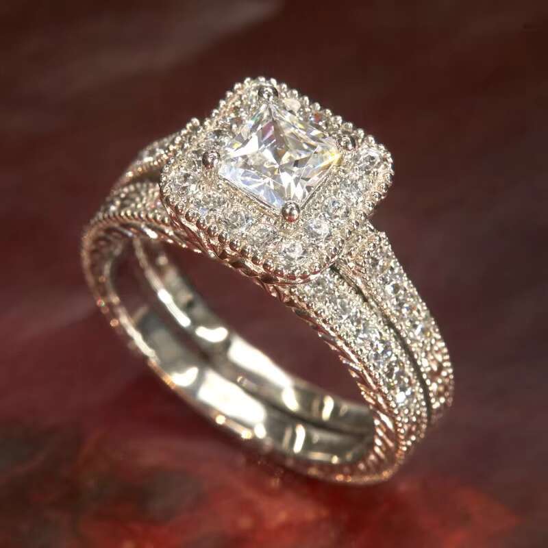 Vintage Engagement Ring Set Custom 1ct Princess Cut Halo Design Floral Wedding Band 14K Gold VVS Moissanite Ring