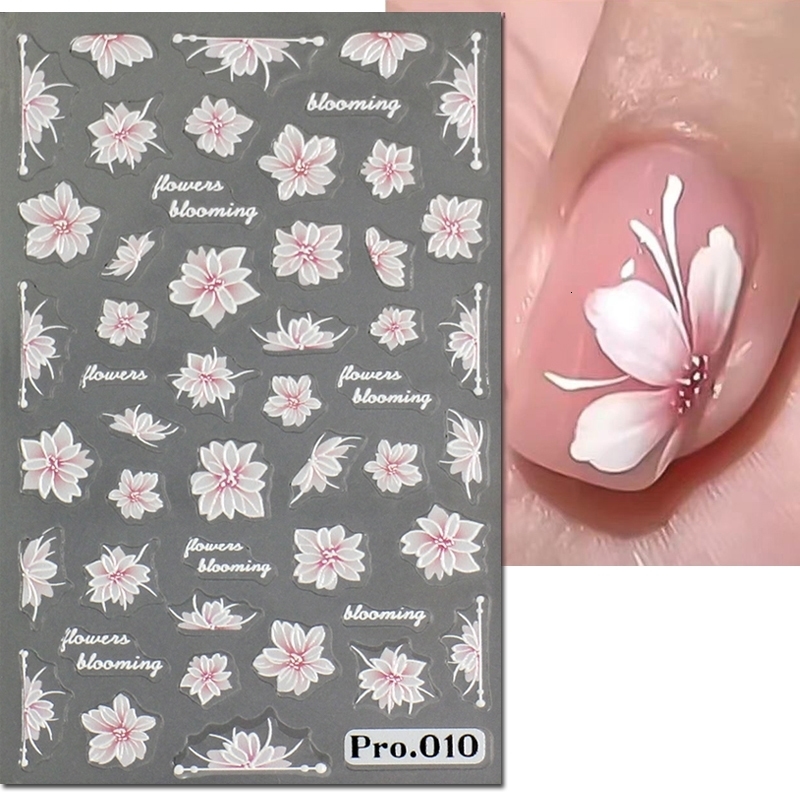 5d Embossed Nail Art Stickers Pink Blooming Florals Flowers Adhesive Sliders Decals Decorations For Tips Manicures 250605