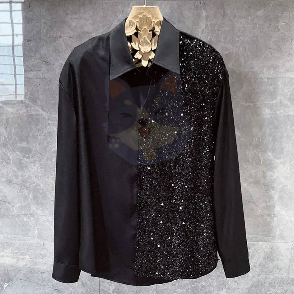 Mens Long Sleeve Shirt Fashion Nightclub Party Sequin Shirt Trend Stitching Button Shirt Unisex Lapel Solid Color Blouse 1af cb7