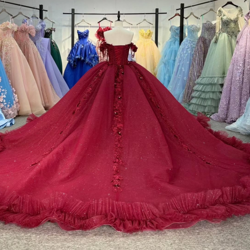 Red Quinceanera Dresses Ball Gown Off The Shoulder Applique Flower Beading Tull Corset Sweet 16 Dress Vestidos 15 De Anos