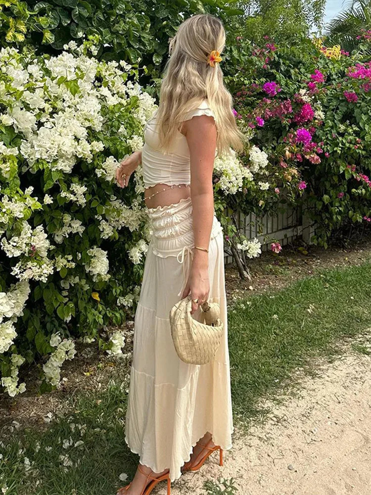 Sexy Pleated Knotted Lace Up Ladys Skirt Set Fashion Sleeveless LowWaist Long Skirts Suit Summer Beach Holiday Party Sets 250614