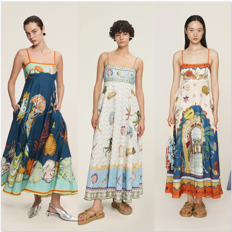 Women Dress Designer 2025 New Fashion Sexy Suspender Graffiti Cotton And Linen Printed Large Hem Dresses 30 Colours