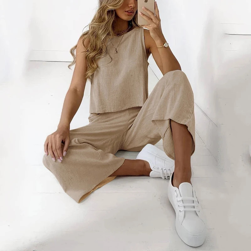 Casual Womens Clothing Suit O Neck Two Pieces Set Loose Sleeveless Solid Color Wide Leg Simple Comfortable for Famale Outdoor 250614
