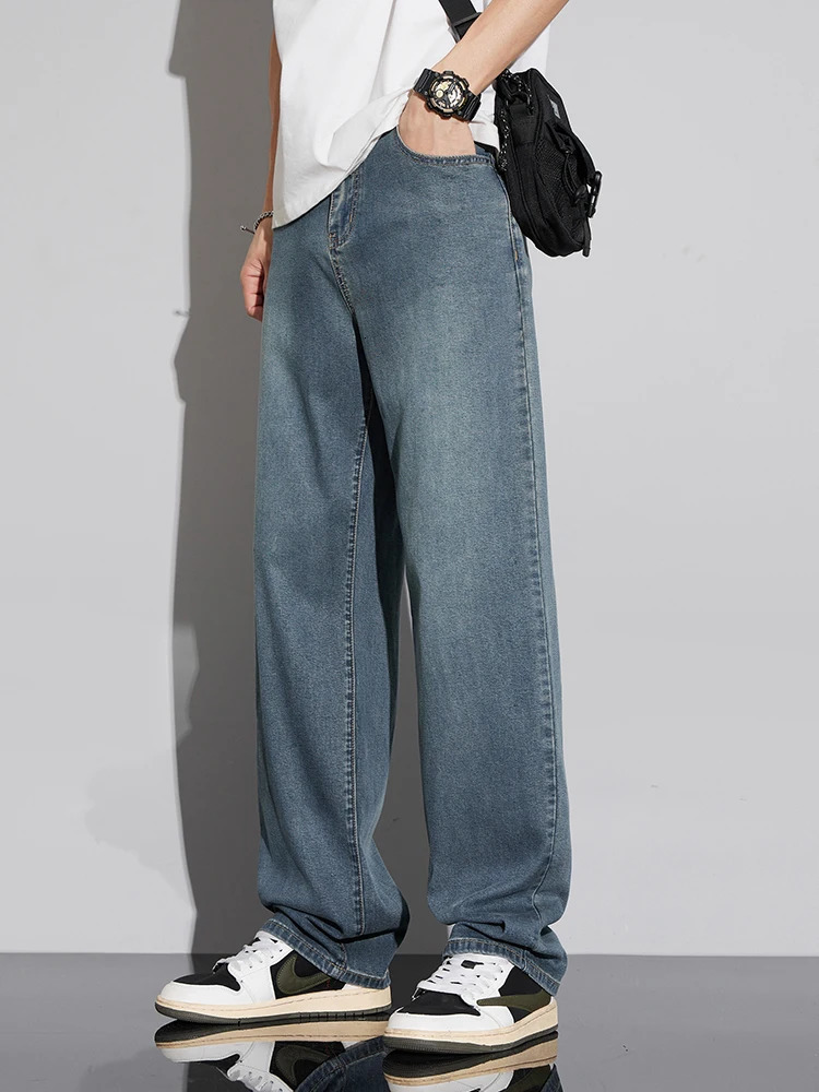 Summer Ultra-thin Lyocell Mens Jeans Soft Drape Loose Comfortable Wide-leg Ice Silk Pants Retro Elastic Casual Trousers 250617