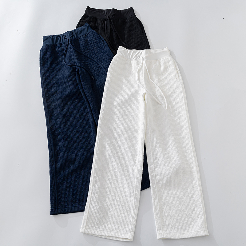 New Style Waffle White Texture Women's Long Drawstring Wide-leg Pants Sports Casual Loose Straight-leg Draped