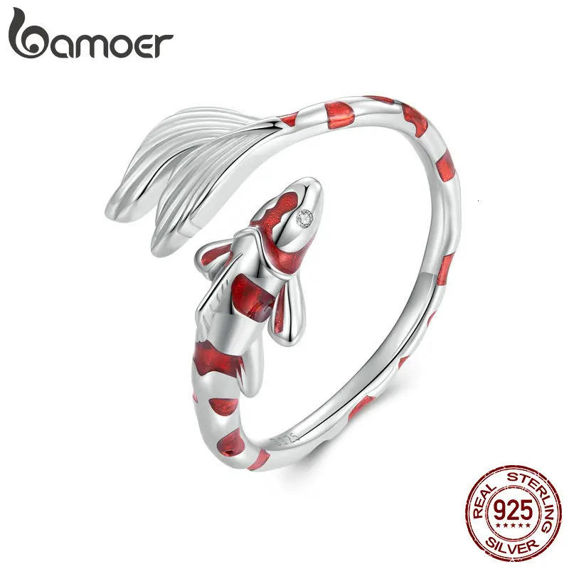 925 Sterling Silver Red Enamel Koi Opening Ring Lucky Fish Tail Adjustable Ring for Women Birthday Gift Fine Jewelry 250624