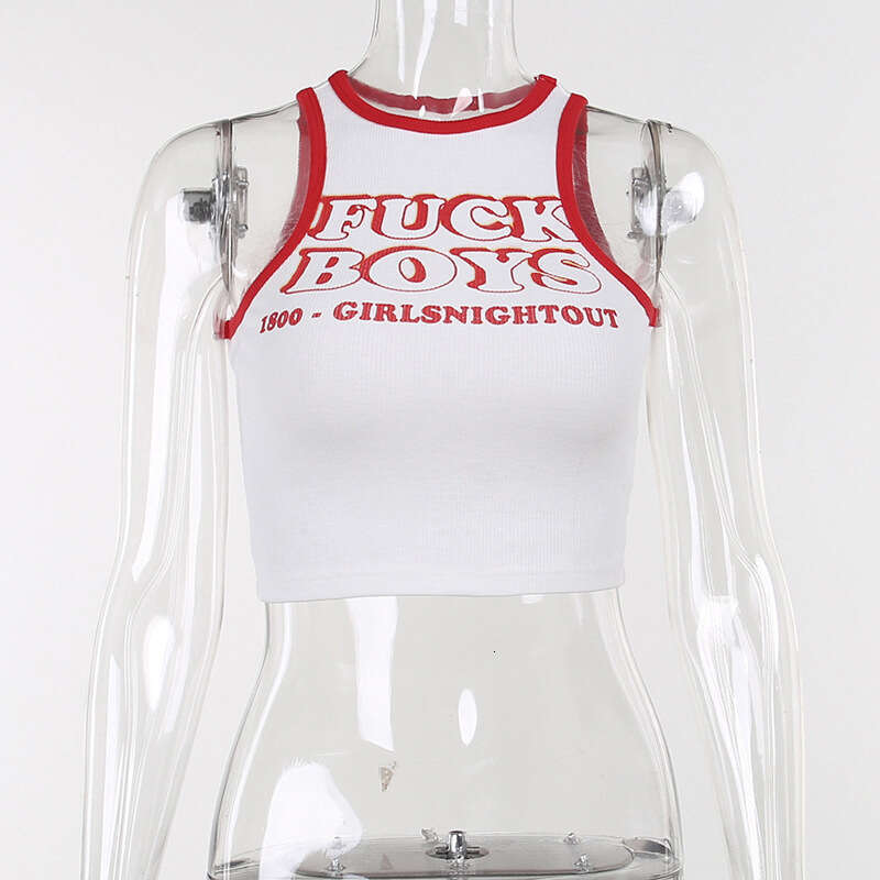 Knitted Color-Block Letter Print Short Tank American Style Summer Versatile Top For Women B5