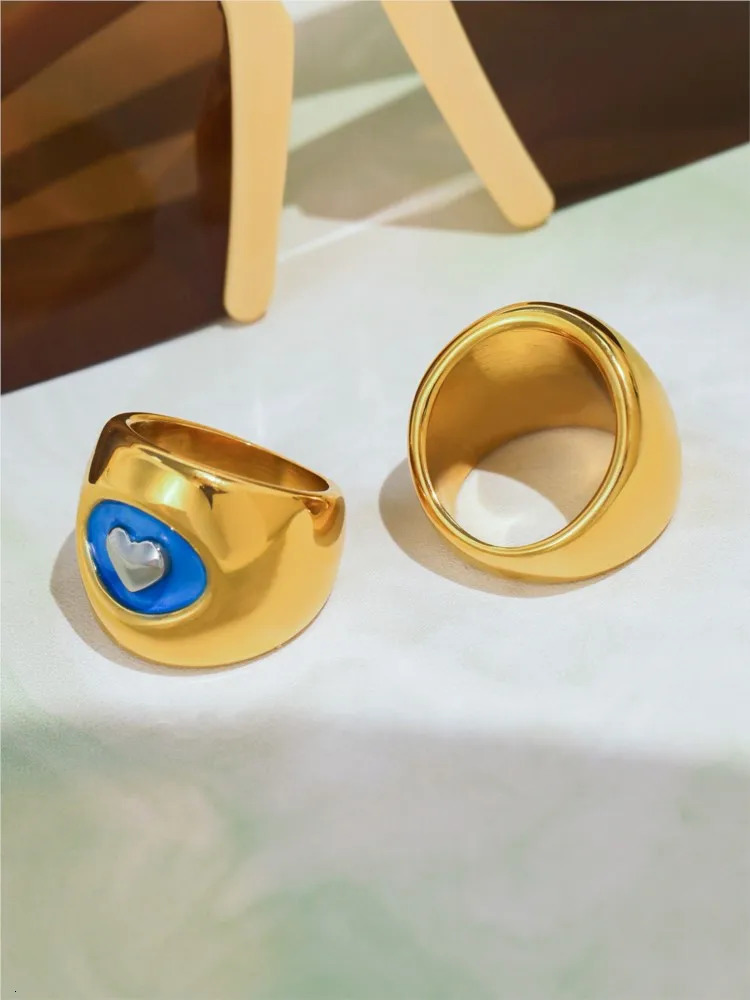 Stainless Steel Carved Heart Rings With Blue Color Enamel For Women 18k Gold Plated Waterproof Non Tarnish Womens Chunky Ring 250624