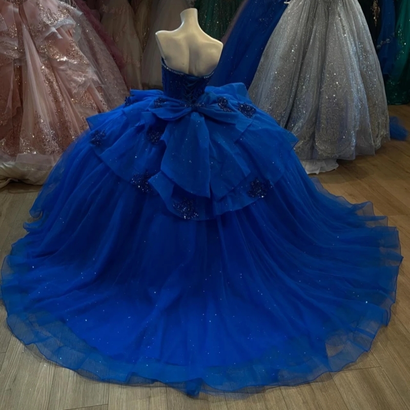 Royal Blue Glitter Quinceanera Dresses Ball Gown Lace Applique Beading Tiered Tull Bow Sweet 16 Dress Vestido De 15 Anos