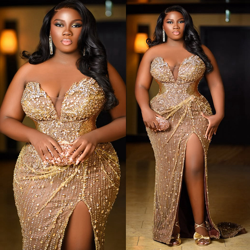 2025 Plus Size Gold Aso Ebi Prom Dress Mermaid Prom Dresses Evening Formal Gowns Sweetheart Side Split Beaded Crystals Birthday Dress Second Reception