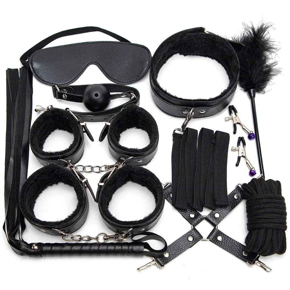 Sexy Leather BDSM Kits Handcuffs Nipple Clamps Whip Spanking Plush Sex Bondage Set Handcuffs Sex Games Sex Toys for Women Men 250624