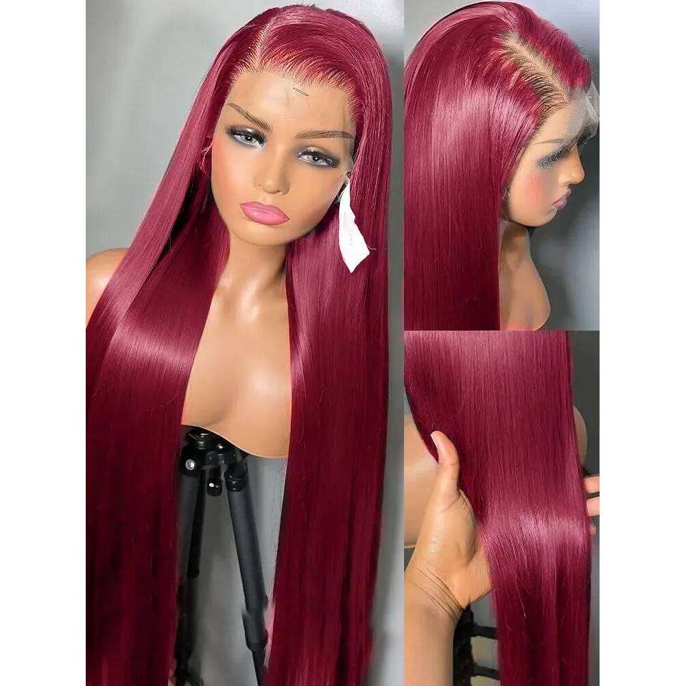 99J Bury Front Human Hair 30 40 Inch 13x6 Straight Frontal Wigs HD Transparent Lace Colored Red Wig For Women