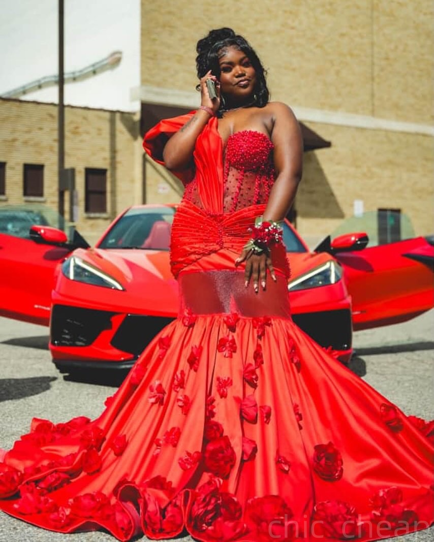 Red Mermaid Prom Dresses 2025 Pearls Beaded Flowers Satin One Shoulder Evening Formal Party Second Birthday Engagement Gowns Plus Size Dress For Speci