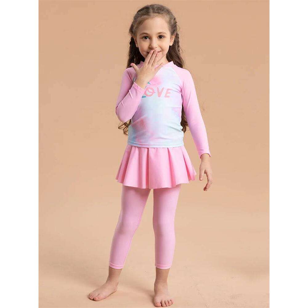 Two Piece Girls Kids Swimsuit 2025 New Pink Tie Dye Long Sleeves Children Swimwear Trousers Short Skirt Beach Wear Bathing Suit