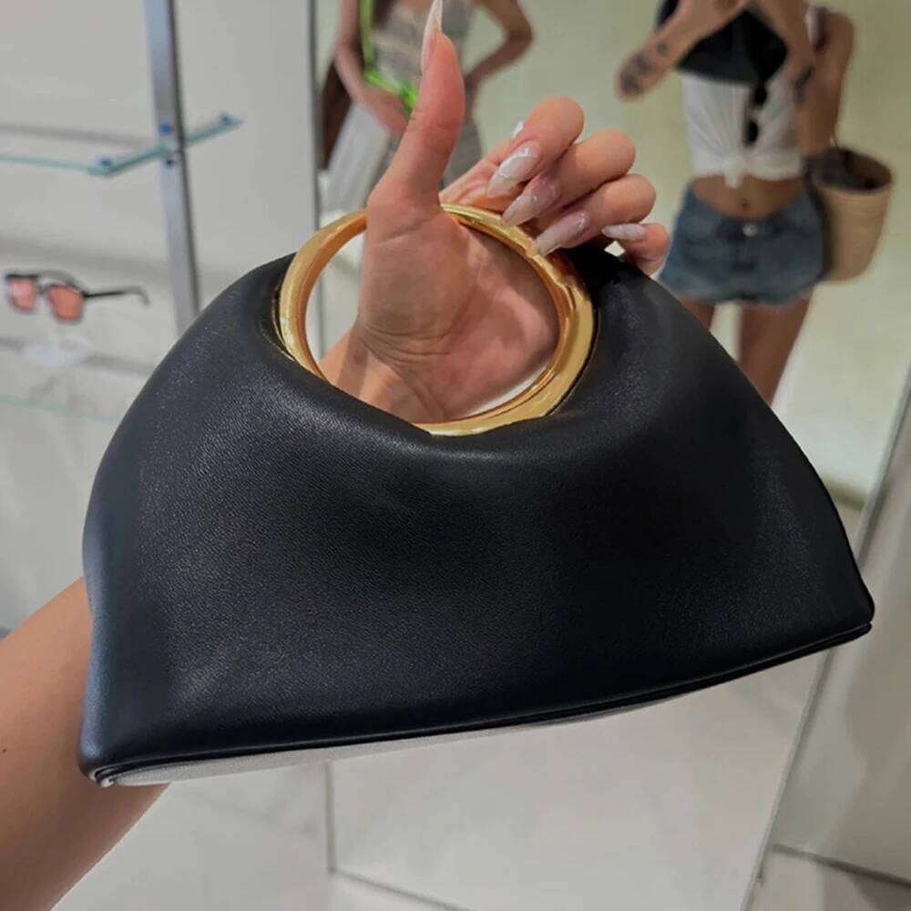 Metallic Round Handle Handbag Designer Evening Bags for Women Soft PU Leather Shoulder Bag Half Moon Cloud Clutch
