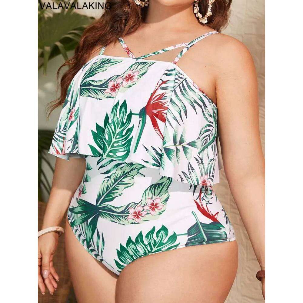Valavalaking 2025 Print Plus Size Swimwear Women Hollow Strapped Large Big One Piece Swimsuit Curvy Beach Chubby Bathing Suit