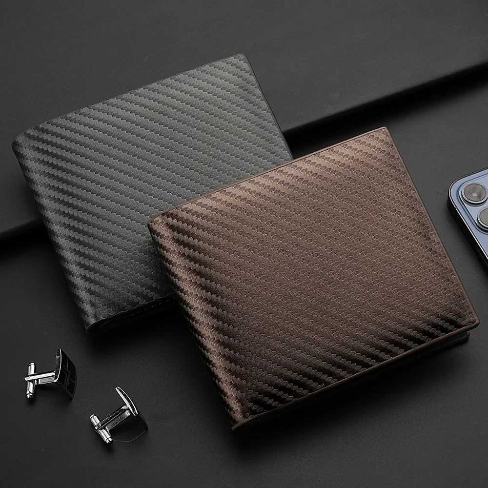 New Carb Fiber Short Wallet Mens Card Bag Integrated Zipper Change Bag Holder Slim Minimalist Carb Tri-Fold WalletXJ250624