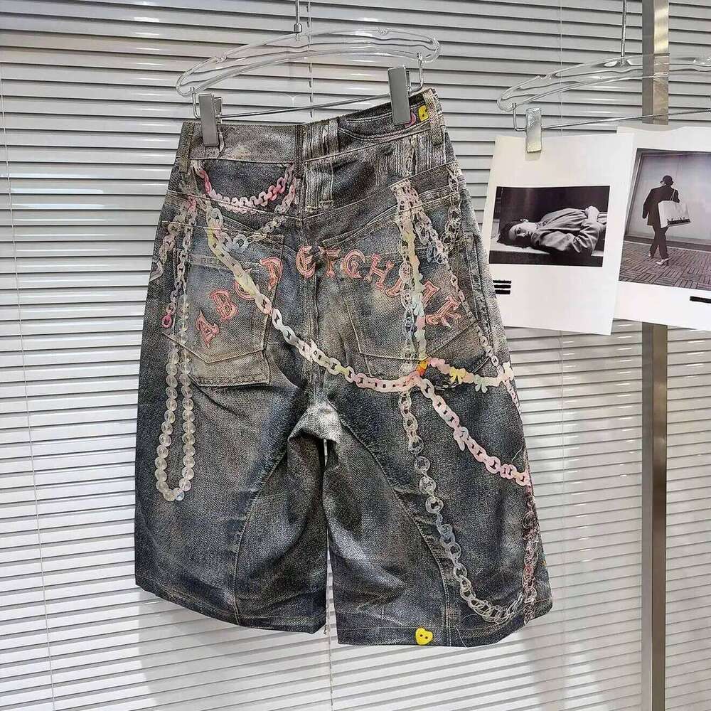 DEAT Fashion Colorful Chain Print Worn Denim Short Pants For Women High Waist Straight Leg Pant Female Trendy New Items 11A04379