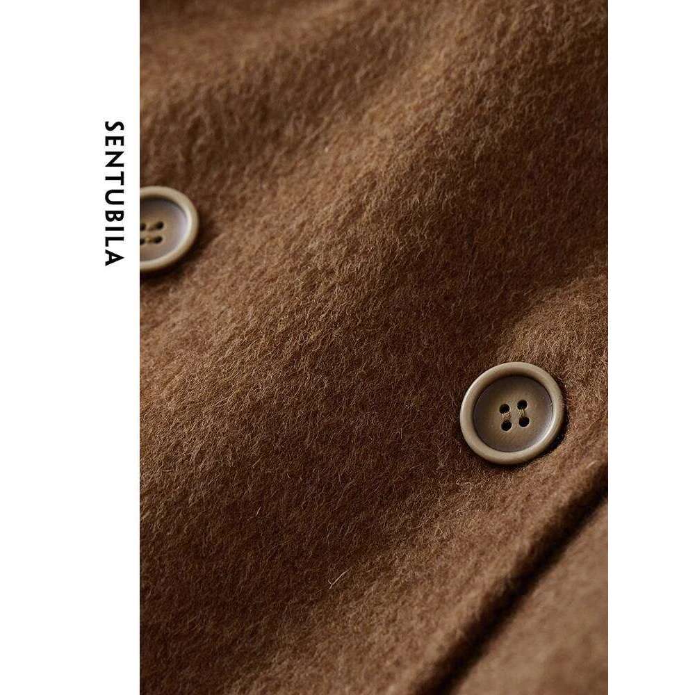 SENTUBILA Winter Short Woolen Jackets Women Outerwear 2024 Fashion Notched Collar Double Breasted Loose Coats Female W44o56123