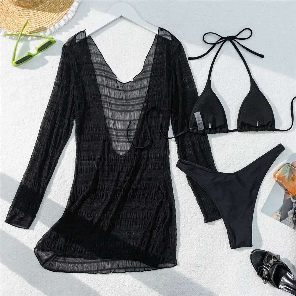 Black String Halter Triangle Bikinis Sets 2025 Sexy Swimsuit Cover Ups Women Backless Dresses Swimwear Bathing Suit Beach Wear