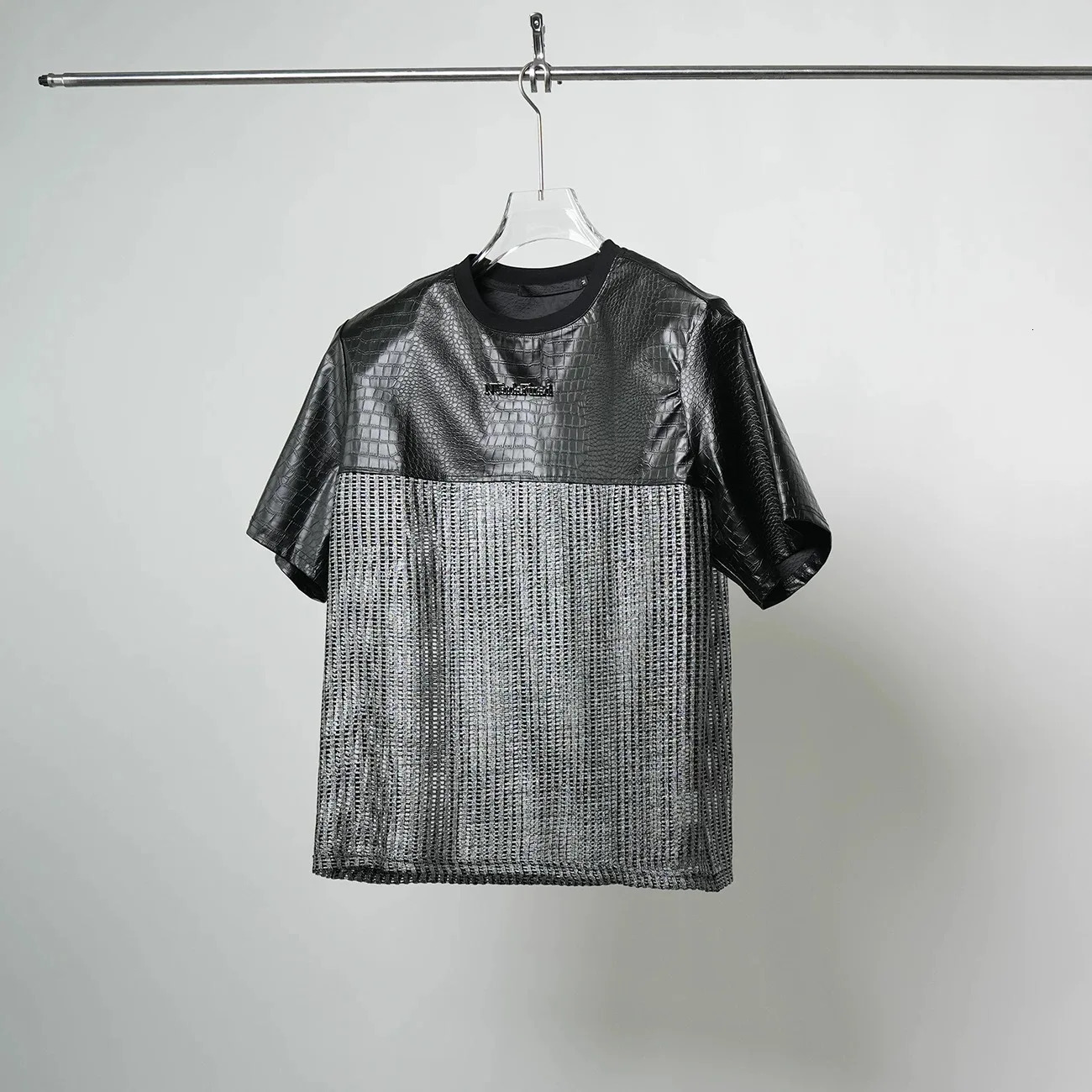 2025 Summer PU Leather Hollow Out Mesh Patchwork Techwear Short Sleeve T Shirt Men Hip Hop Punk Rock Tops Streetwear 250617