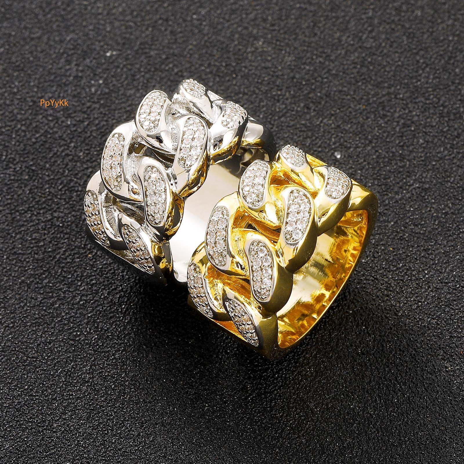 Luxury Moissanite Ring Chain Gold Plated Diamond Studded Hip Hop Couple Engagement Ring Passes the Diamond Tester