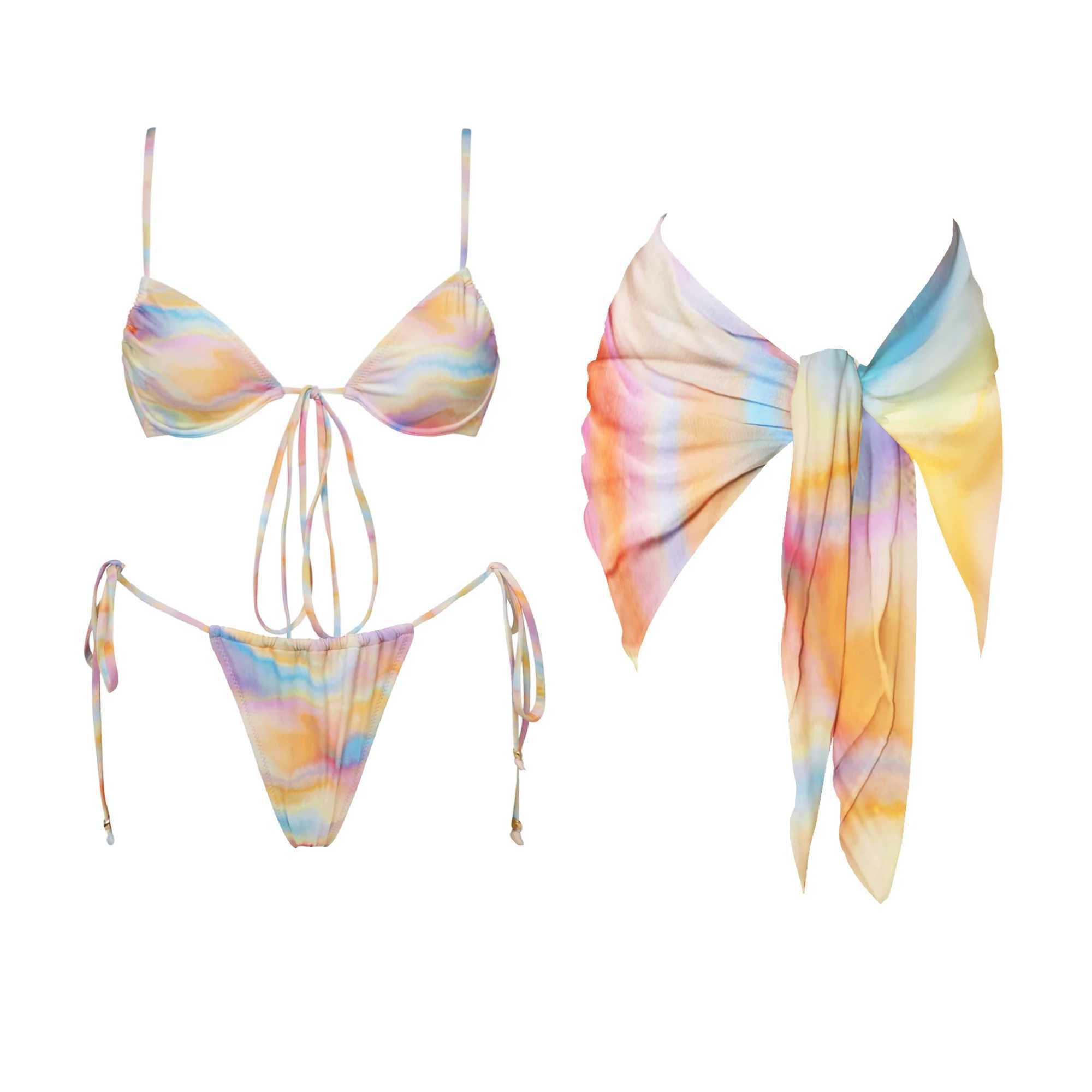 3Pcs Mirco Bikini 2025 Sexy Swimsuit Women Push Up Swimwear Bandeau Biquini Female Pink Bodysuit Bathing Suits Sarong Mini SkirtXJ250624