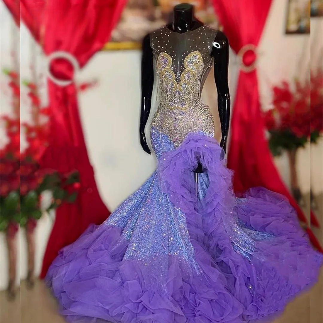 Customized Lavender Prom Dresses Sparkly Crystals Rhinestones Beads Ruffle Sequins For Black Girls Birthday Party Gowns