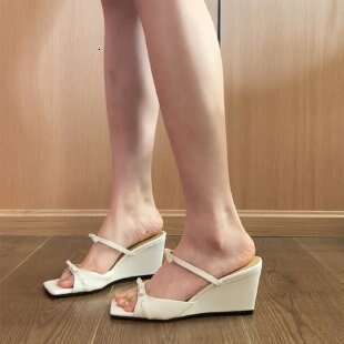 French Style Elegant Wedge Summer New Square Temperament Open Toe One Strap Bowknot Women's High Heel Sandals