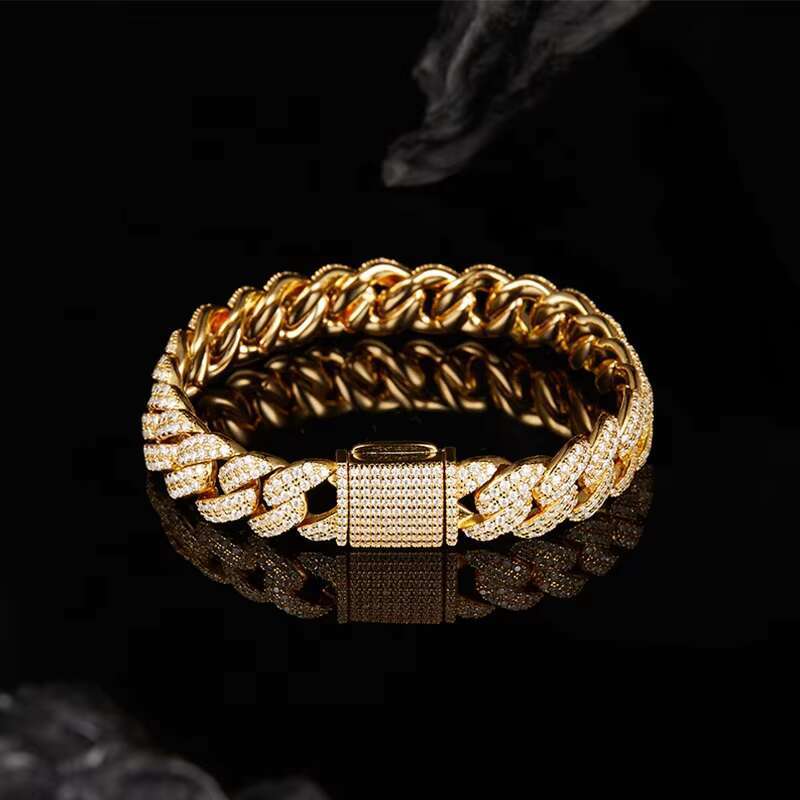 Stylish Mens 10mm Gold-Plated Cuban Chain High Quality Sterling Silver Moissanite Bracelets and Bangles