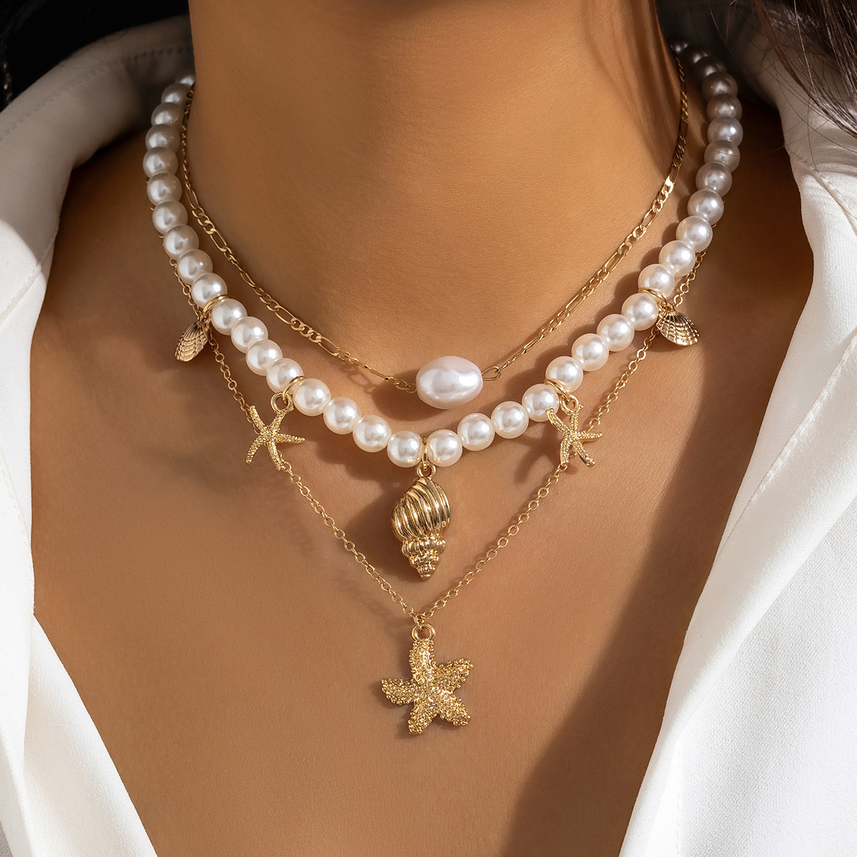Jewelry Imitation Pearl Beach Mermaid Pendant Starfish Shell Vacation Necklace