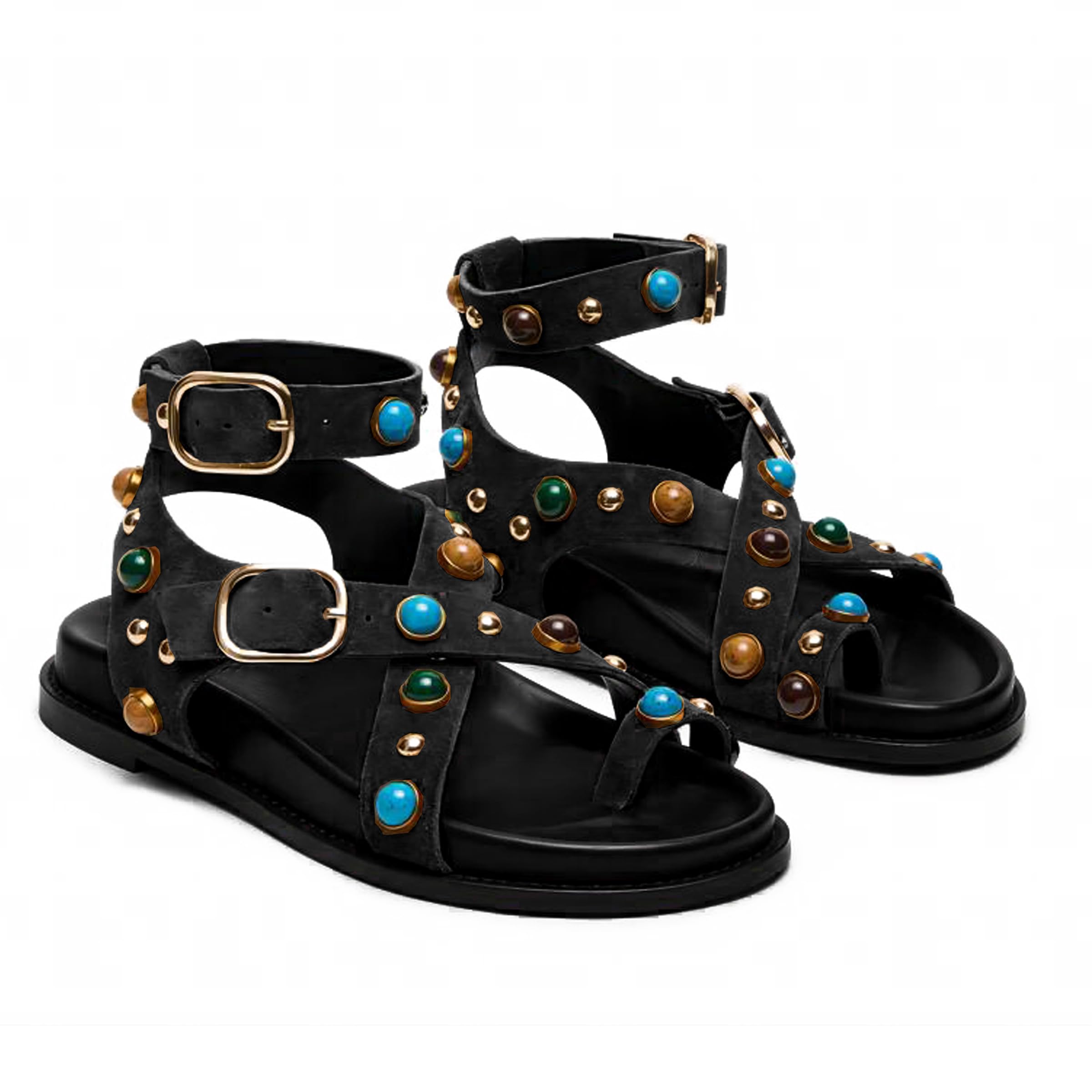 ARQA Summer Flat Sandals for Women Beaded Studded Strappy Boho Sandals Casual Beach Shoes Comfy Walking Party Dress Flip Flops Shoes