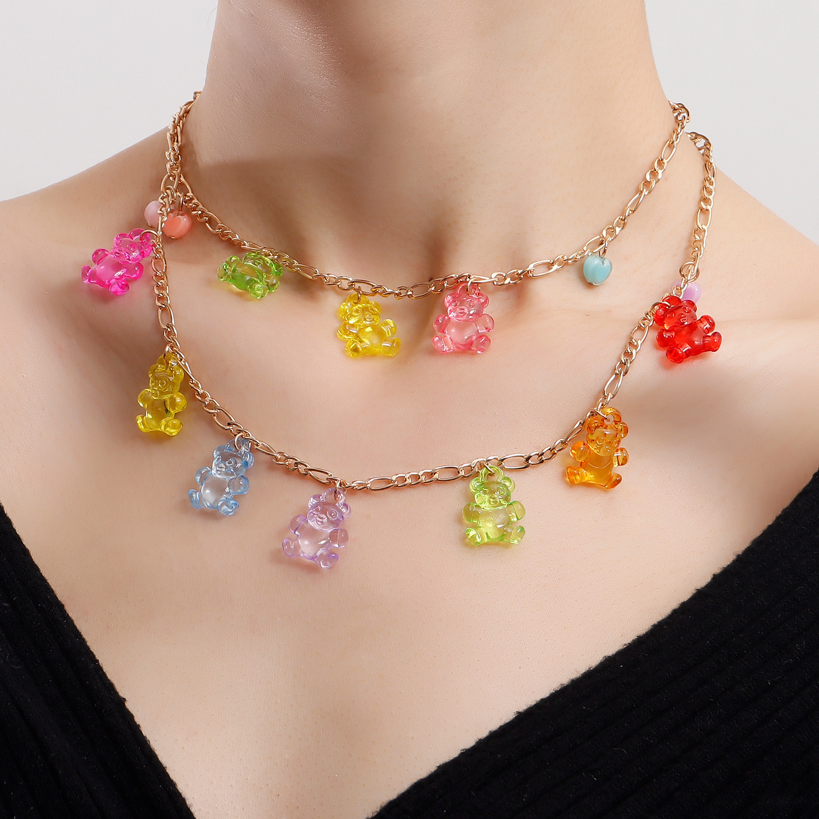 Trendy Double Layer Colorful Transparent Bear Heart Pendant Necklace for Women Unique Design Jewelry Jewelry for Women