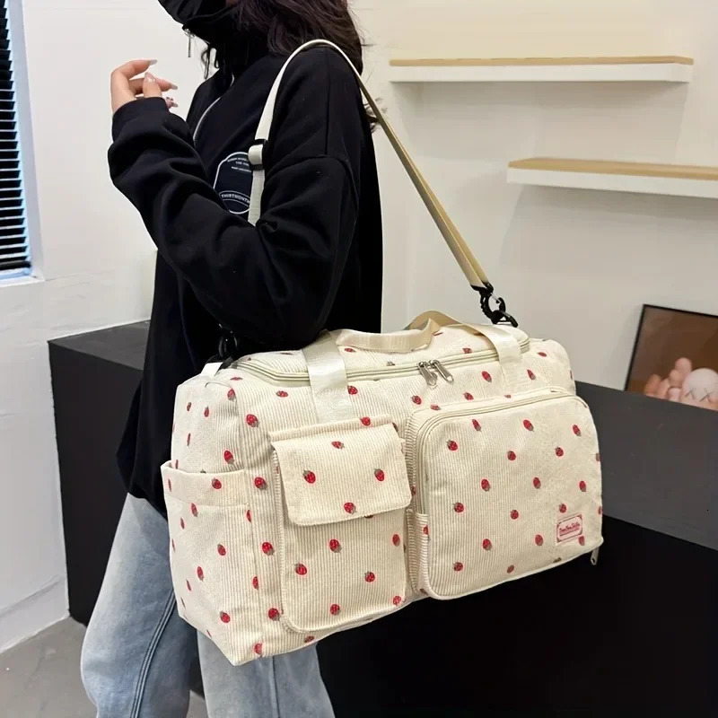 Large capacity strawberry printed travel bag multifunctional dry wet separation independent shoe box casual style 250624
