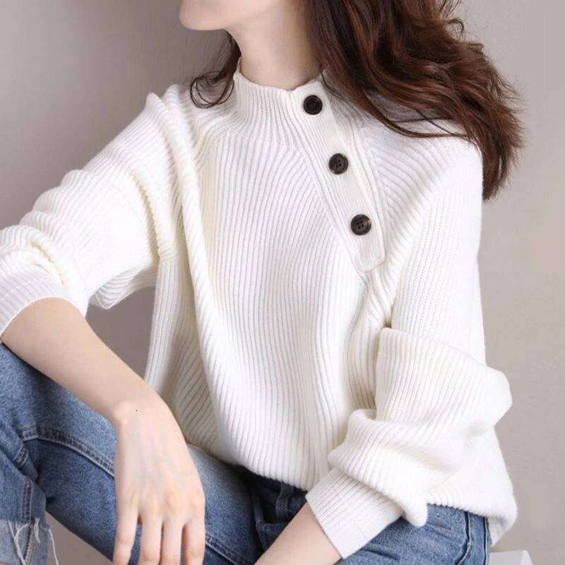Brown Ladies Pullovers Buttons Loose Turtleneck Women's Knit Sweater Light Elegant Wear To Work Winter 2024 Japanese Style Trend
