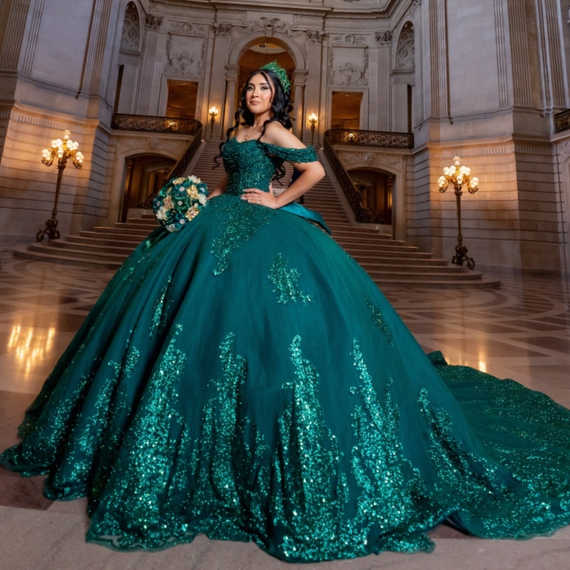Blackish Green Shiny Quinceanera Dresses Ball Gown Off The Shoulder Applique Lace Beading Bow Tull Corset Sweet 16 Dress Vestidos 15 Anos
