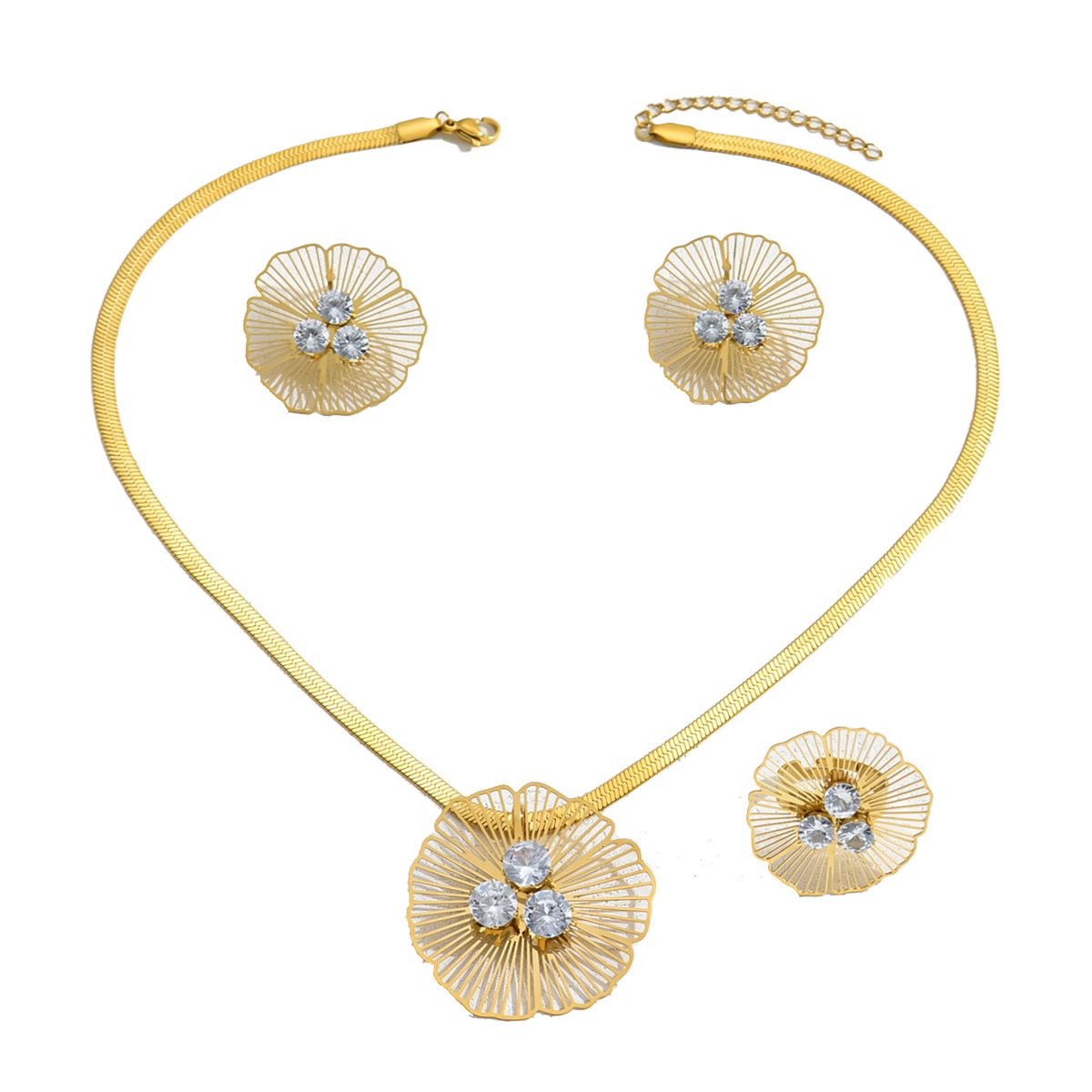 Korean Style Fresh Sweet Women S Earrings Necklace Set Personality Flower Exaggerated Design Index Finger Ring Jewelry