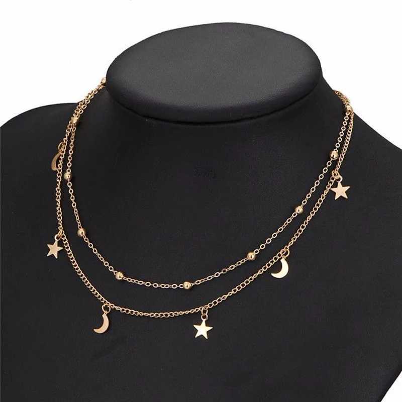 Star Moon Pendant Clavicle Necklace Double Layers Beads Minimalist Women Fashion Collares Summer Everyday Jewelry Bijoux V250625