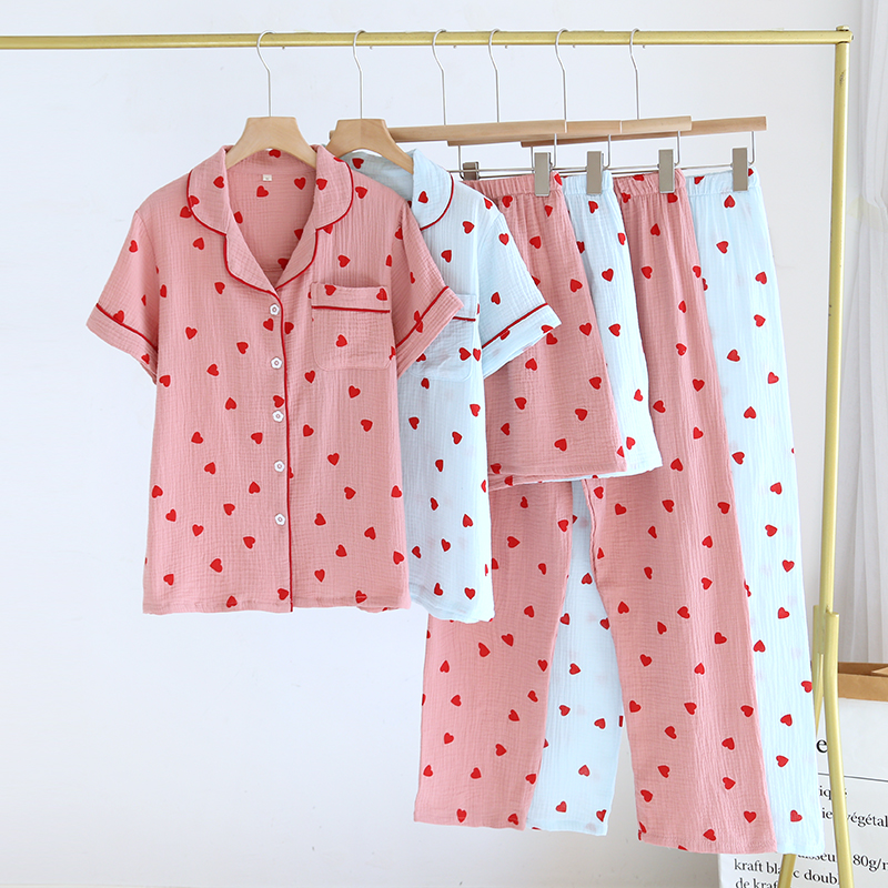 Manufacturer direct sales summer pure cotton yarn thin short sleeved love three piece set shorts breathable sweat absorbing pants pajama set